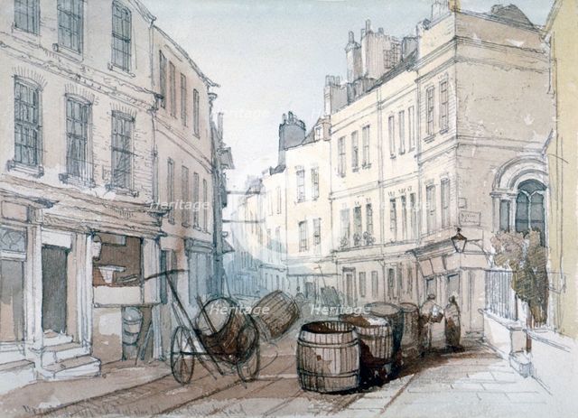 Bread Street Hill and St Nicholas Olave Churchyard, City of London, c1850. Artist: Thomas Colman Dibdin