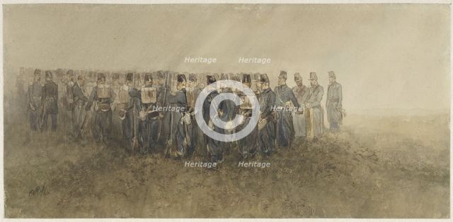 Break of a battalion of infantry on the heath, 1860. Creator: Charles Rochussen.