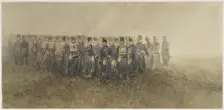 Break of a battalion of infantry on the heath, 1860. Creator: Charles Rochussen