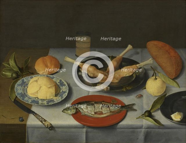 Breakfast with bread, cheese, fish and beer, c. 1615. Artist: Hulsdonck, Jacob van (1582-1647)