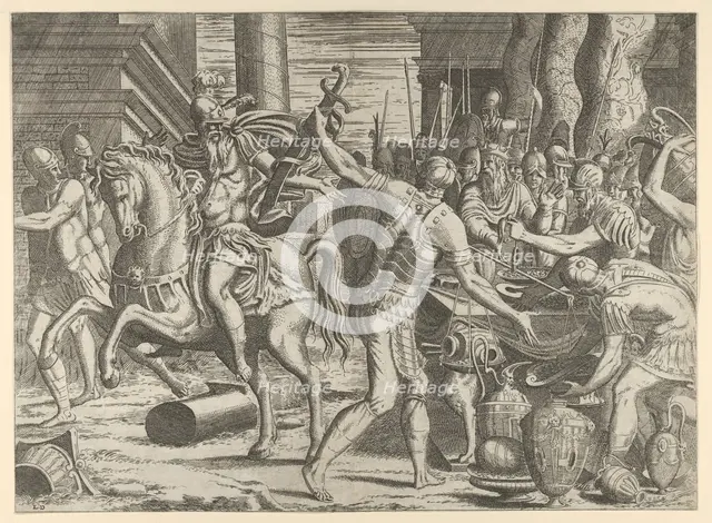 Brennus throwing his sword on the scales before Camillus, 1540-56. Creator: Leon Davent.