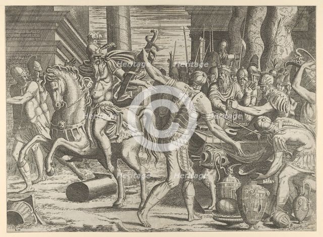 Brennus throwing his sword on the scales before Camillus, 1540-56. Creator: Leon Davent.