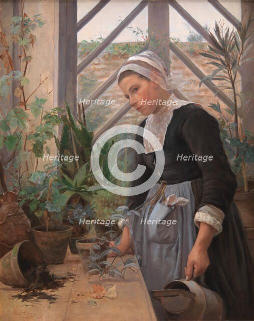 Breton Girl Looking After Plants in the Hothouse, 1884. Creator: Anna Petersen.