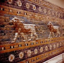 Brick relief of a lion on the walls of the Sacred Way leading to the Ishtar Gate, Babylon, c580 BC