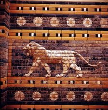 Brick relief of a lion on the walls of the Sacred Way leading to the Ishtar Gate, Babylon, c580 BC