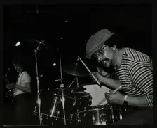Brian Abrahams and Chris Hunter on stage at The Stables, Wavendon, Buckinghamshire. Creator: Denis Williams