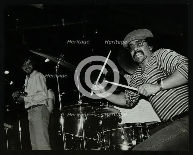 Brian Abrahams (drums) and Guy Barker (trumpet) on stage at The Stables, Wavendon, Buckinghamshire. Creator: Denis Williams.
