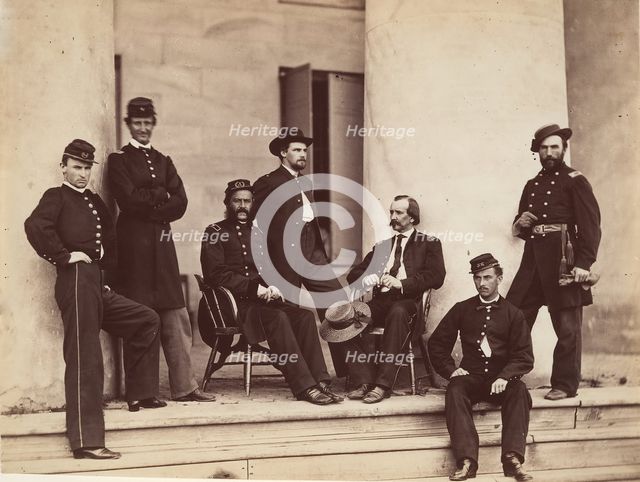 Brigadier General Gustavus A. DeRussy and Staff on Steps of Arlington House, Arlington..., May 1864. Creator: Alexander Gardner.