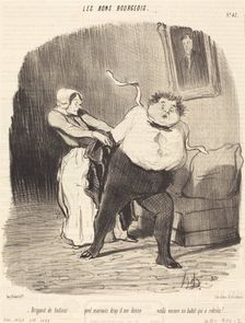 Brigand de tailleur...quel mauvais drap il me donne...voilà encore un habit qui a rétréci!..., 1847. Creator: Honore Daumier