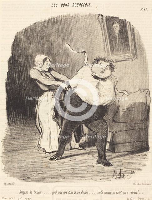 Brigand de tailleur...quel mauvais drap il me donne...voilà encore un habit qui a rétréci!..., 1847. Creator: Honore Daumier.