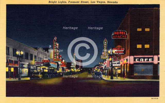 'Bright Lights, Fremont Street, Las Vegas, Nevada', postcard, 1943. Artist: Unknown