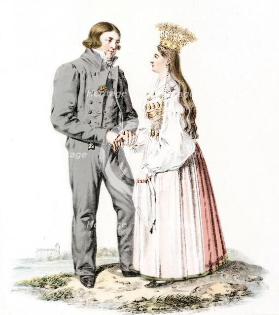 Bridal couple, folk costumes, Östra härad, Jämjö parish, Blekinge. (c19th century) Creator: Unknown.