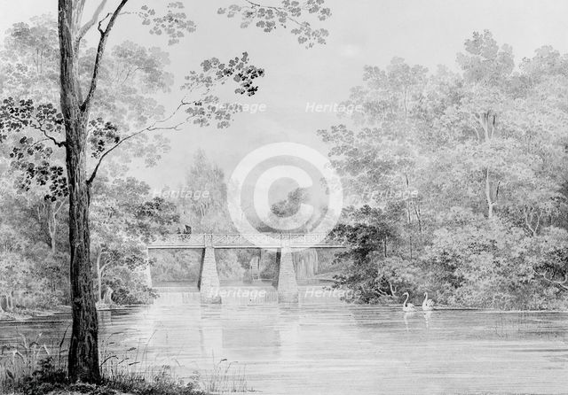 Bridge over Crumelbow Creek, David Hosack Estate, Hyde Park, New York..., ca. 1832. Creator: Thomas Kelah Wharton.