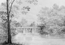 Bridge over Crumelbow Creek, David Hosack Estate, Hyde Park, New York..., ca. 1832. Creator: Thomas Kelah Wharton