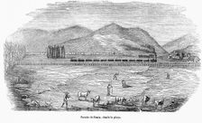 Bridge on Besos River in the railway line Barcelona to Mataró, seen from the beach, engraving, 1849