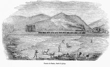 Bridge on Besos River in the railway line Barcelona to Mataró, seen from the beach, engraving, 1849