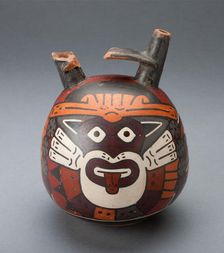 Bridge Vessel Depicting Costumed Ritual Performer Wearing Feline Mask, 180 B.C./A.D. 500. Creator: Unknown