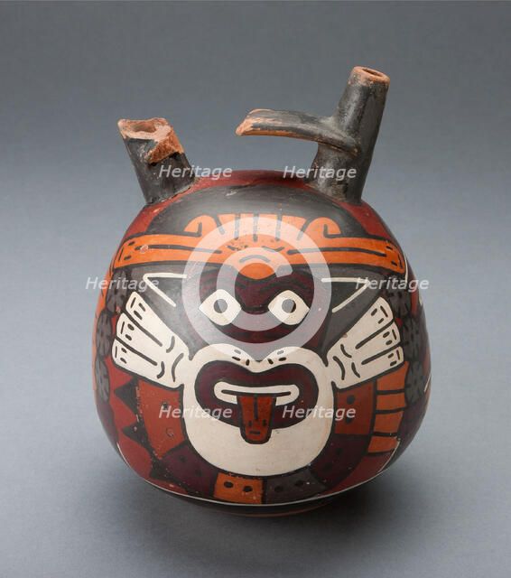 Bridge Vessel Depicting Costumed Ritual Performer Wearing Feline Mask, 180 B.C./A.D. 500. Creator: Unknown.