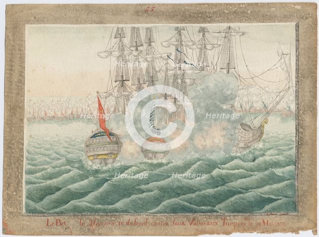 Brig Mercury fighting two Turkish ships on May 14th, 1829, 1829. Artist: Anonymous  