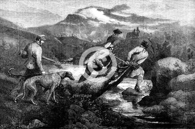 "Bringing Home the Deer" - painted by Bottomley, 1857. Creator: Unknown.