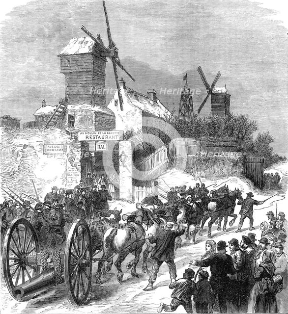 Bringing up ship guns at the Buttes Montmartre, Paris, (sketch by balloon post), 1871. Creator: Unknown.
