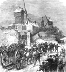 Bringing up ship guns at the Buttes Montmartre, Paris, (sketch by balloon post), 1871. Creator: Unknown