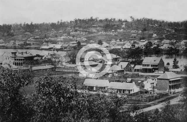 Brisbane from Observatory, showing first wooden bridge across Brisbane River c1866. Creator: Unknown.