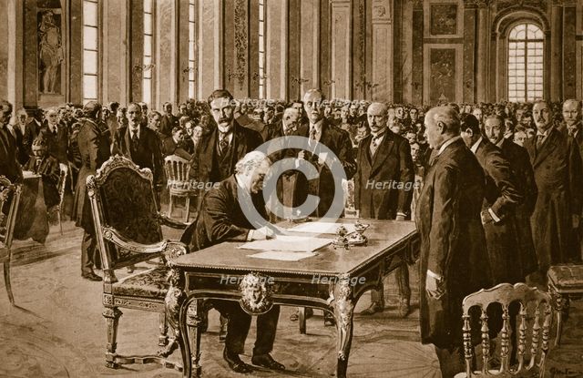 Britain's Prime Minister signing the Treaty of Peace with Germany in the Hall of Mirrors at Versaill