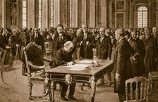 Britain's Prime Minister signing the Treaty of Peace with Germany in the Hall of Mirrors at Versaill