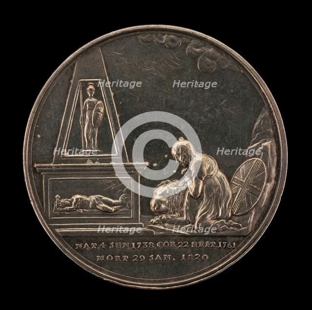 Britannia Grieving before Monument of the Stricken King, Guarded by Pallas [reverse], 1820. Creator: John Marrian.