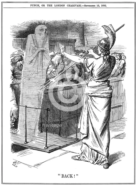 Britannia holding back Cholera at British ports, 1892. Artist: John Tenniel