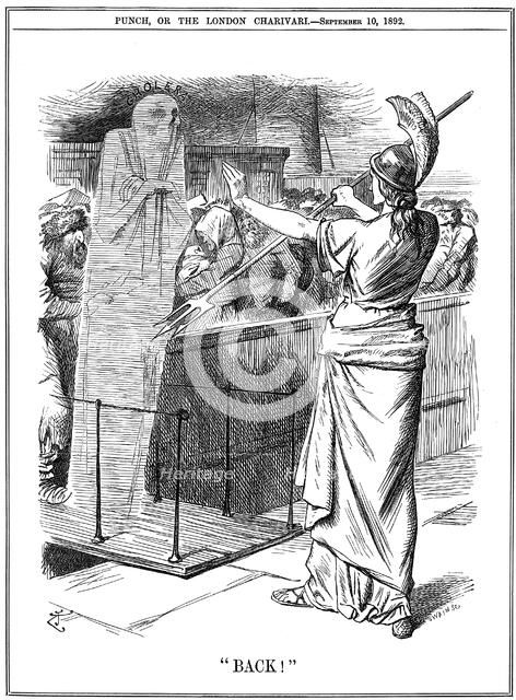 Britannia holding back Cholera at British ports, 1892. Artist: John Tenniel