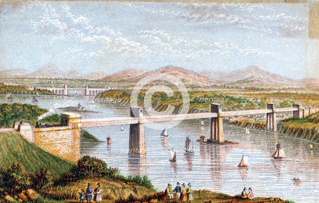 Britannia Tubular Bridge over Menai Straits, Wales, c1850s. Artist: Unknown