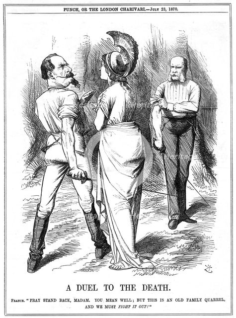 Britannia trying to restrain Napoleon III from embarking on war with Germany, 1870. Artist: John Tenniel