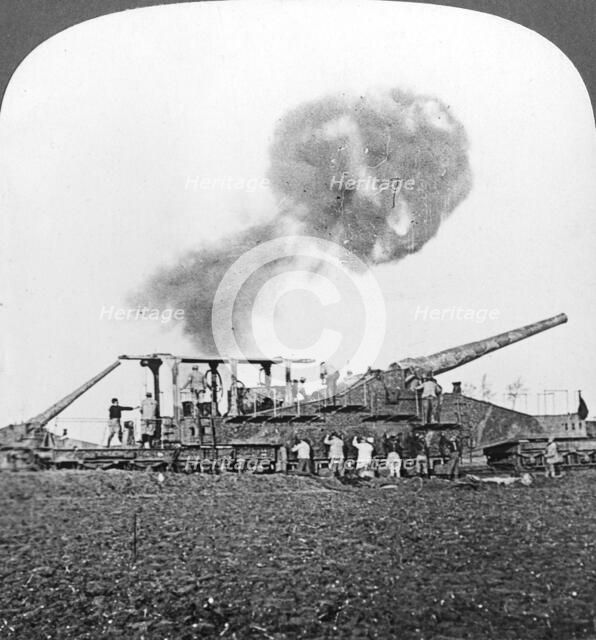 British 16 inch railway guns in action, World War I, c1914-c1918.  Artist: Realistic Travels Publishers