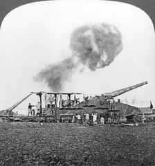 British 16 inch railway guns in action, World War I, c1914-c1918. Artist: Realistic Travels Publishers