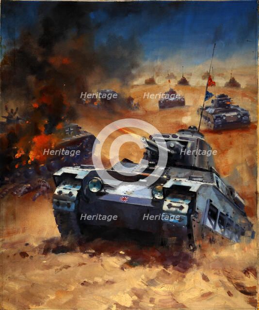 British tanks advance across a desert landscape, between 1939 and 1946. Creators: Central Office of Information, William Krogman.