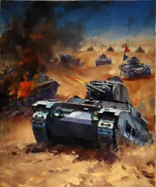 British tanks advance across a desert landscape, between 1939 and 1946. Creators: Central Office of Information, William Krogman