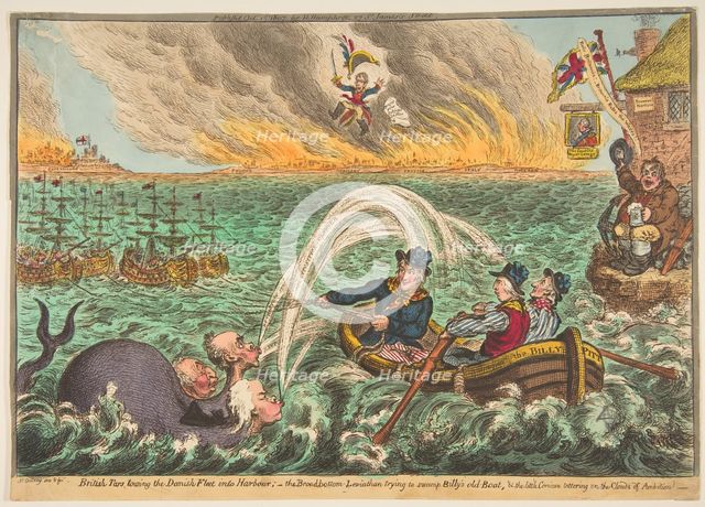 British Tars Towing the Danish Fleet into Harbour; the Broad-Bottom Leviathan t..., October 1, 1807. Creator: James Gillray.