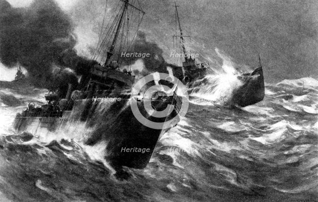 British torpedo craft in North sea storms, First World War, 1914. Artist: Unknown