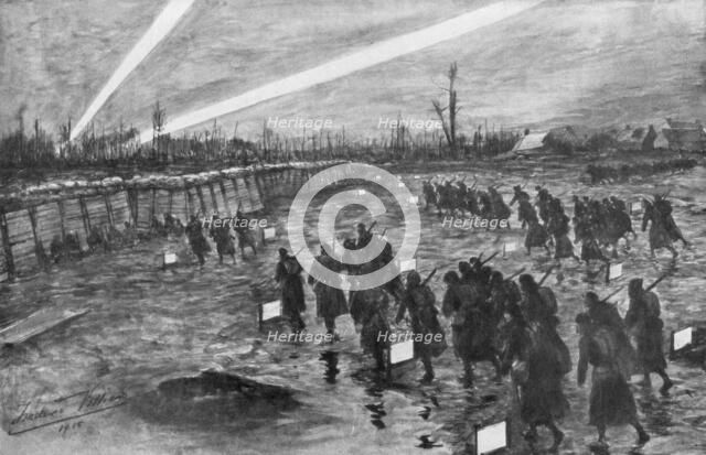 British troops advance under cover of darkness, Neuve-Chapelle, France,10 March 1915, (1926). Creator: Frederick Villiers.