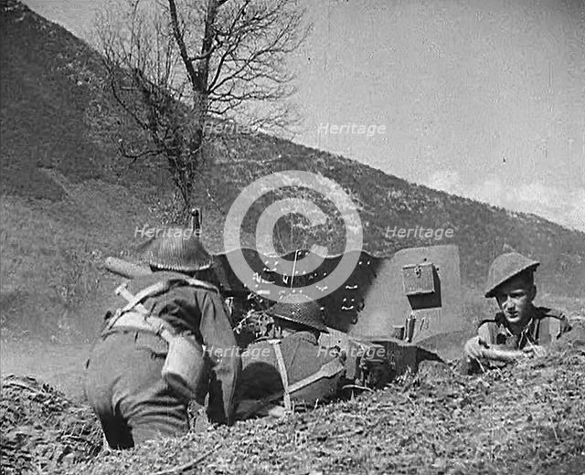 British Troops Bombarding Monte Cassino With Artillery, 1943-1944. Creator: British Pathe Ltd.