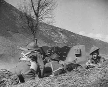 British Troops Bombarding Monte Cassino With Artillery, 1943-1944. Creator: British Pathe Ltd