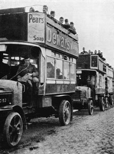 British troops being moved to a fresh part of the line by motor buses 1915
