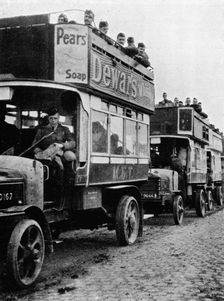 British troops being moved to a fresh part of the line by motor buses 1915