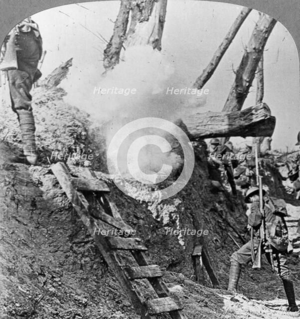 British troops going over the top, Flanders, Belgium, World War I, c1914-c1918. Artist: Realistic Travels Publishers