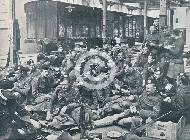 British troops having a meal in a French Railway Station, c1914. Artist: Unknown