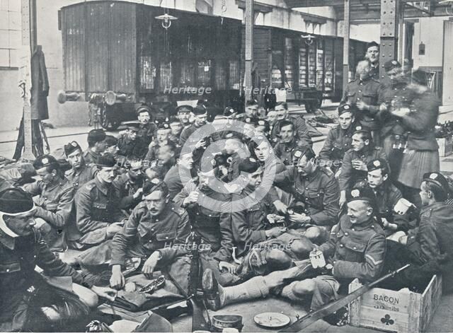 British troops having a meal in a French Railway Station, c1914. Artist: Unknown
