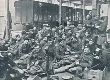 British troops having a meal in a French Railway Station, c1914