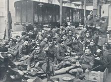 British troops having a meal in a French Railway Station, c1914